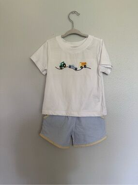 Busy Bee Smock Tee with Mini Vehicle Embroidery and Blue Gingham Shorts Set